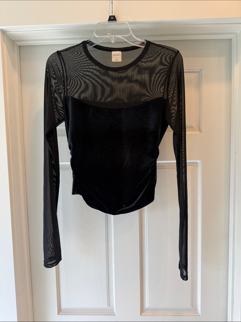 wild fable Black Sheer Mesh & Velvet Long Sleeve Top